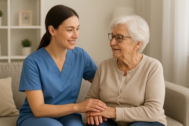 Home care nurse assisting patient